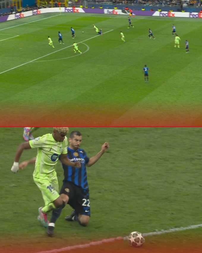 Mkhitaryan phạm lỗi với Yamal và cả hai đều ngã trong vòng cấm của Inter