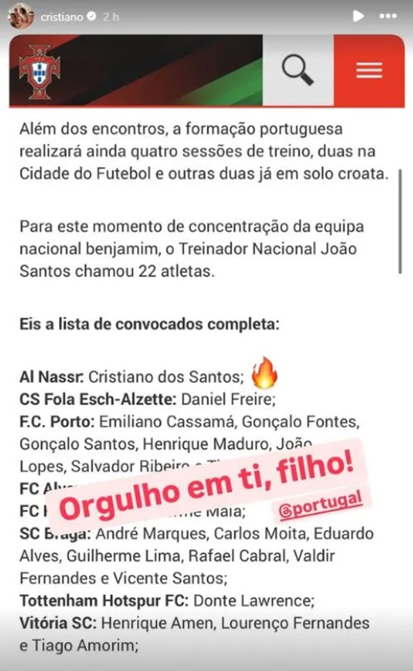 Khoảnh khắc tự hào của Ronaldo khi con trai lên tuyển U15 Bồ Đào Nha