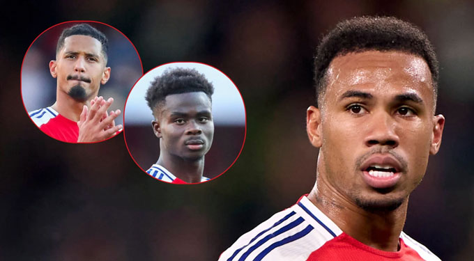 Bộ ba (trái sang) Saliba, Saka và Gabriel sắp được Arsenal gia hạn