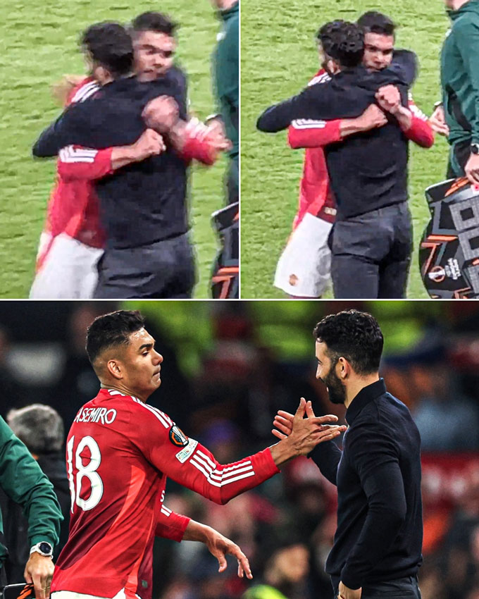 Casemiro ôm nồng nhiệt Amorim ở trận thắng Bilbao, cho thấy sự hoàn hợp của hai người