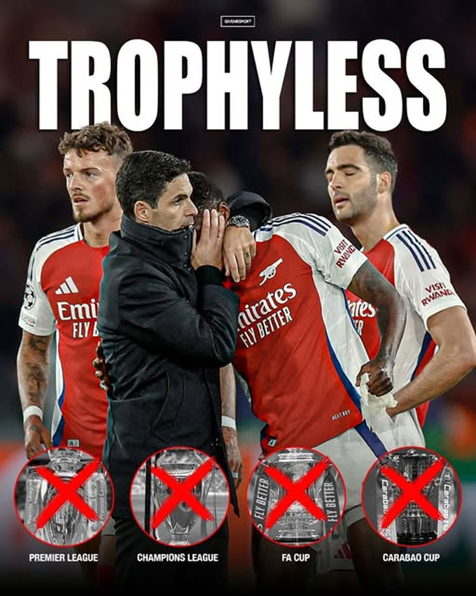 Arsenal tiếp tục có thêm 1 mùa giải trắng tay