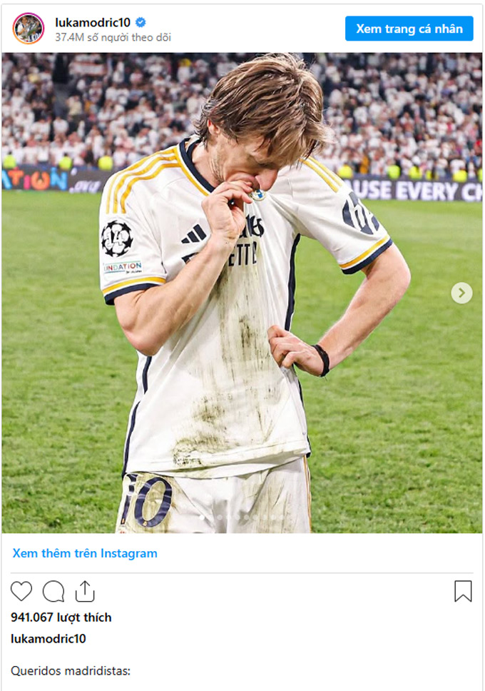 Tấm ảnh Modric đăng trên trang cá nhân Instagram