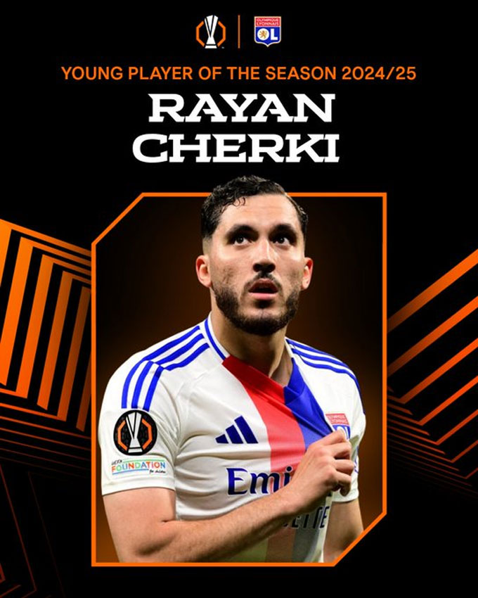 Cherki là cầu thủ trẻ xuất sắc nhất Europa League 2024/25