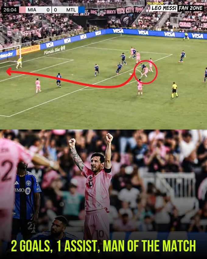 Messi ghi 2 bàn, có 1 kiến tạo và được bầu là Cầu thủ xuất sắc nhất trận trong chiến thắng 4-2 của Inter Miami trước Montreal