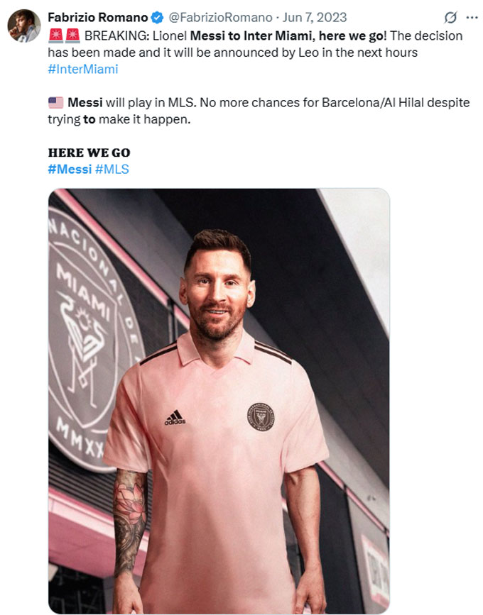 Bài đăng Messi tới Inter Miami là bài đăng nhận được nhiều comment nhất của Romano