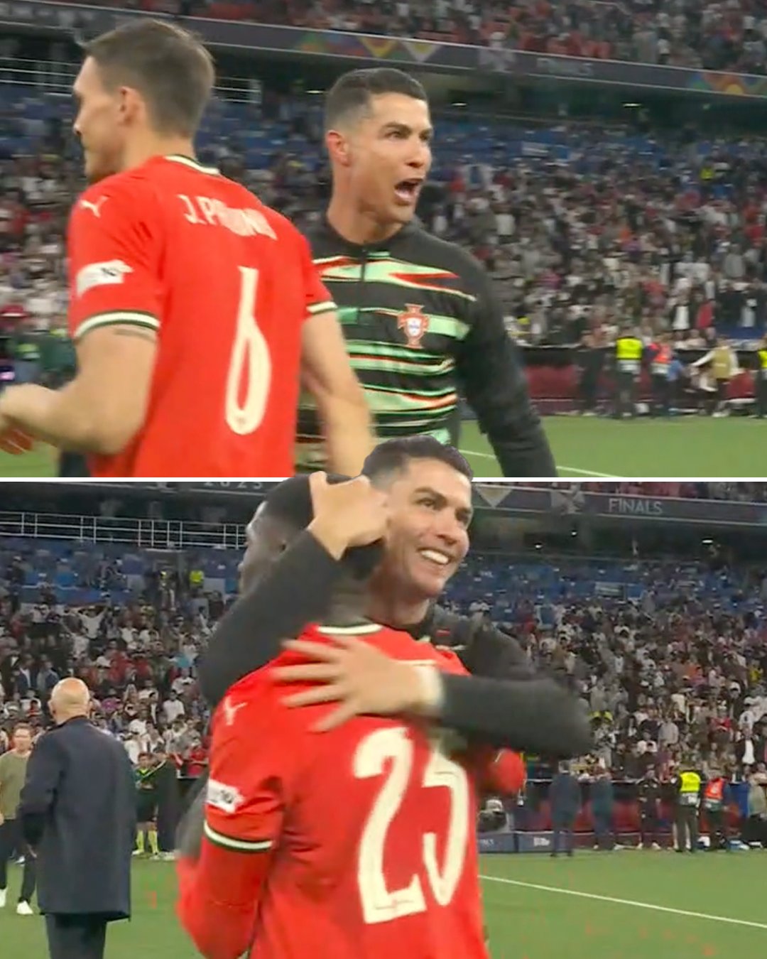 Ronaldo ăn mừng với Nuno Mendes sau trận Bồ Đào Nha thắng Đức