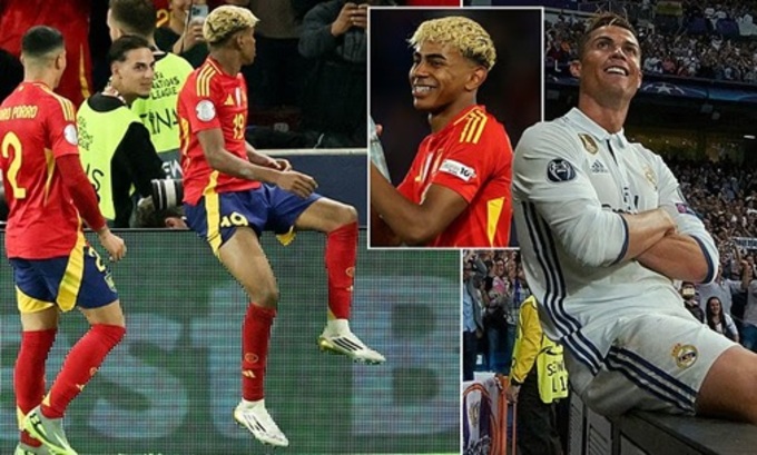 Cảnh Yamal ăn mừng theo phong cách Ronaldo ở trận đấu mới đây trước ĐT Pháp