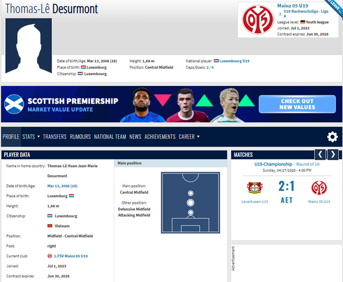 Thông tin của Thomas-Lê Desurmont trên Transfermarkt