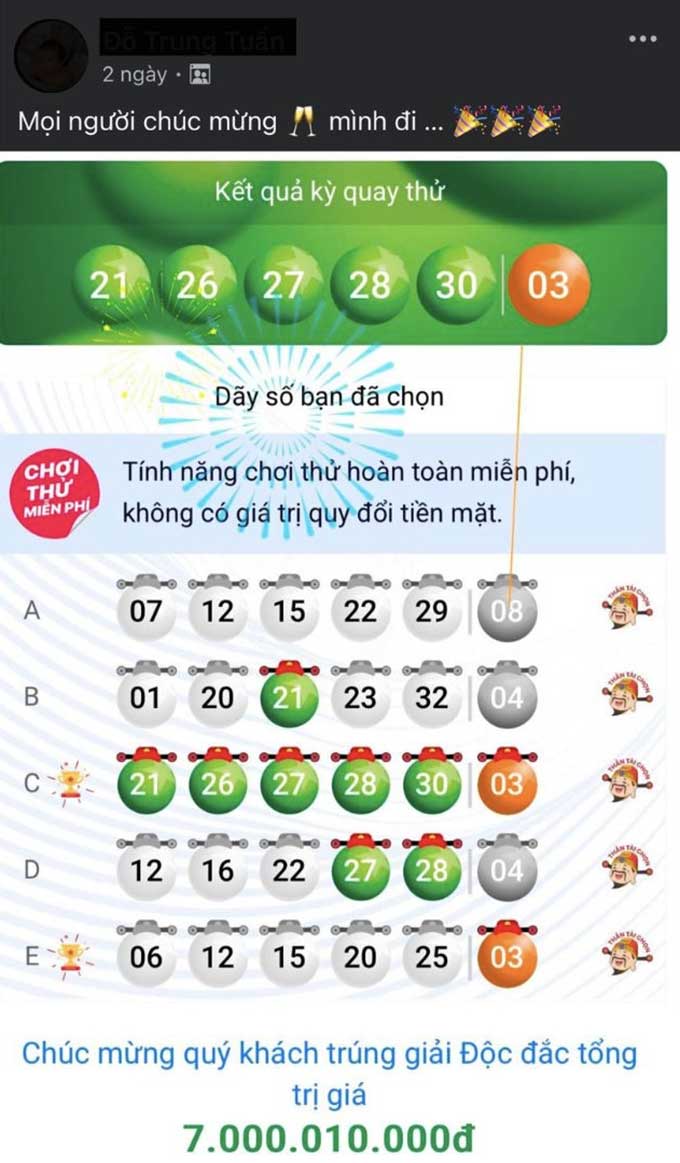 Hình ảnh người chơi chia sẻ trải nghiệm “chơi thử, trúng thử” Lotto 5/35 trên ứng dụng Vietlott SMS