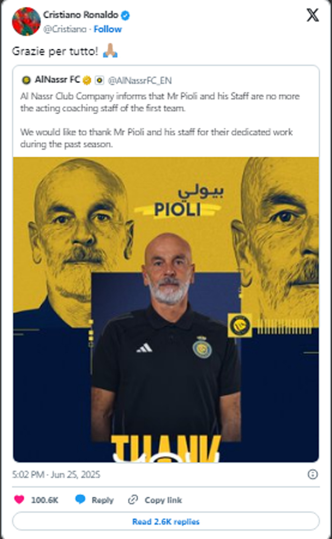 Ronaldo gửi lời tri ân tới HLV Pioli