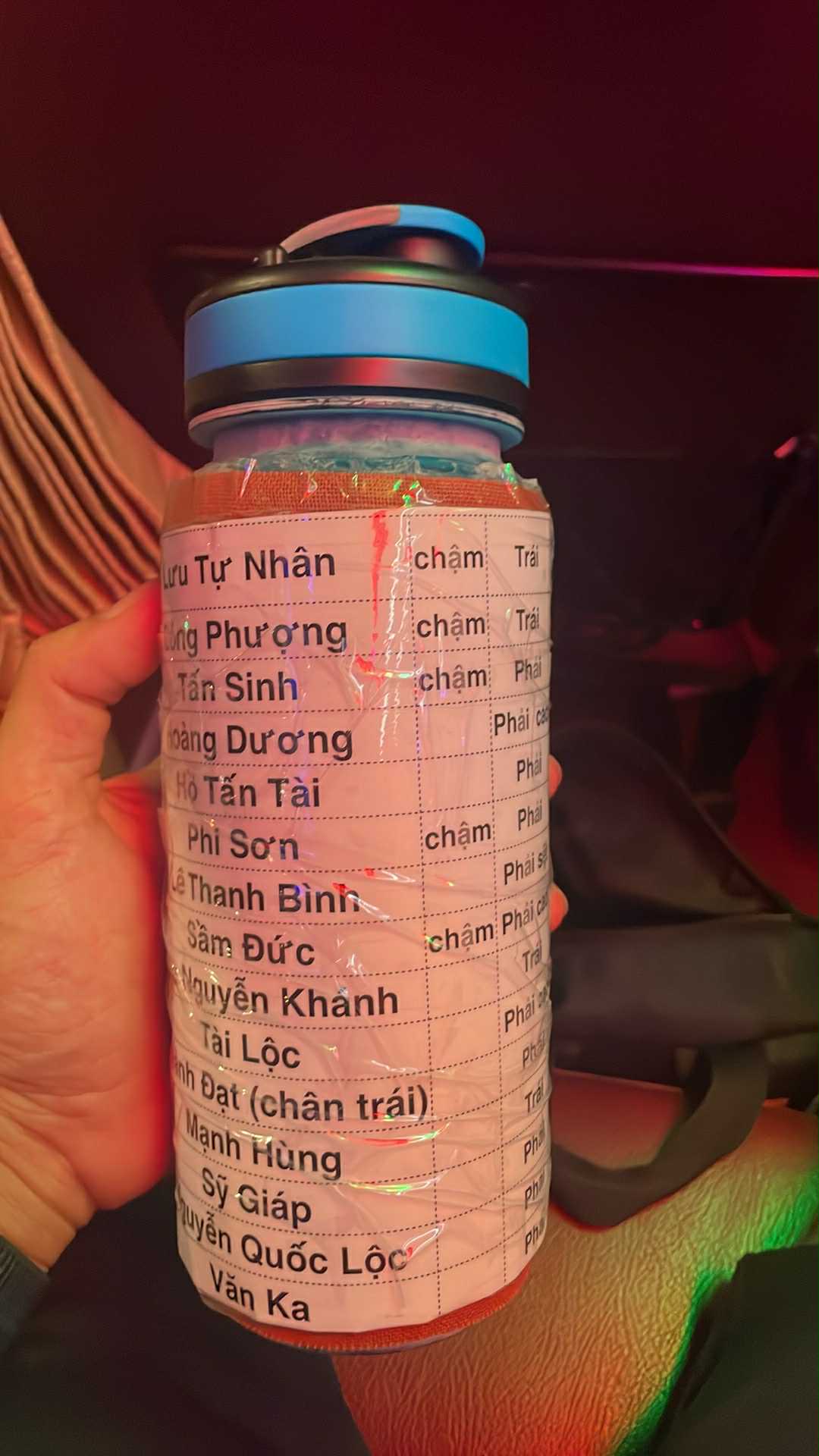 Chai nước bọc tấm giấy ghi rõ thói quen và hướng sút phạt đền của cầu thủ Bình Phước dành cho thủ môn Bùi Tiến Dũng 