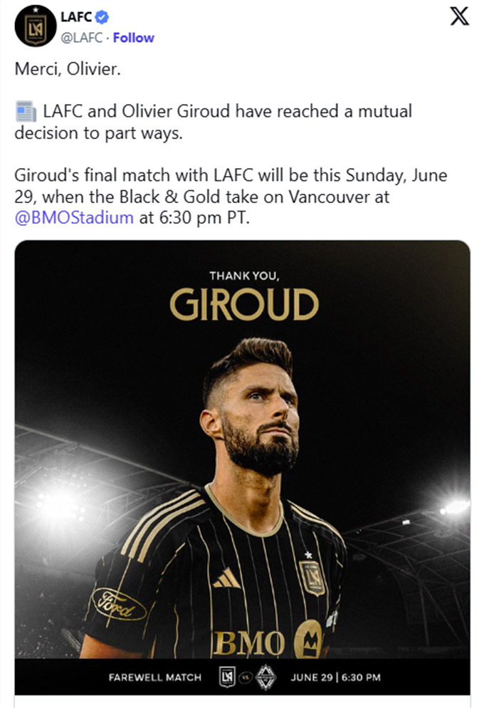 Los Angeles xác nhận chia tay Giroud