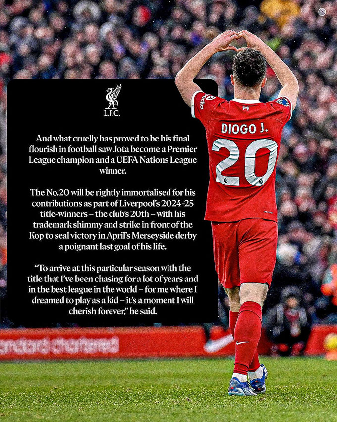 Liverpool thông báo sẽ treo áo vĩnh viễn số 20 của Jota