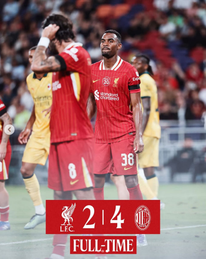 Liverpool nhận thất bại 2-4 trước Milan