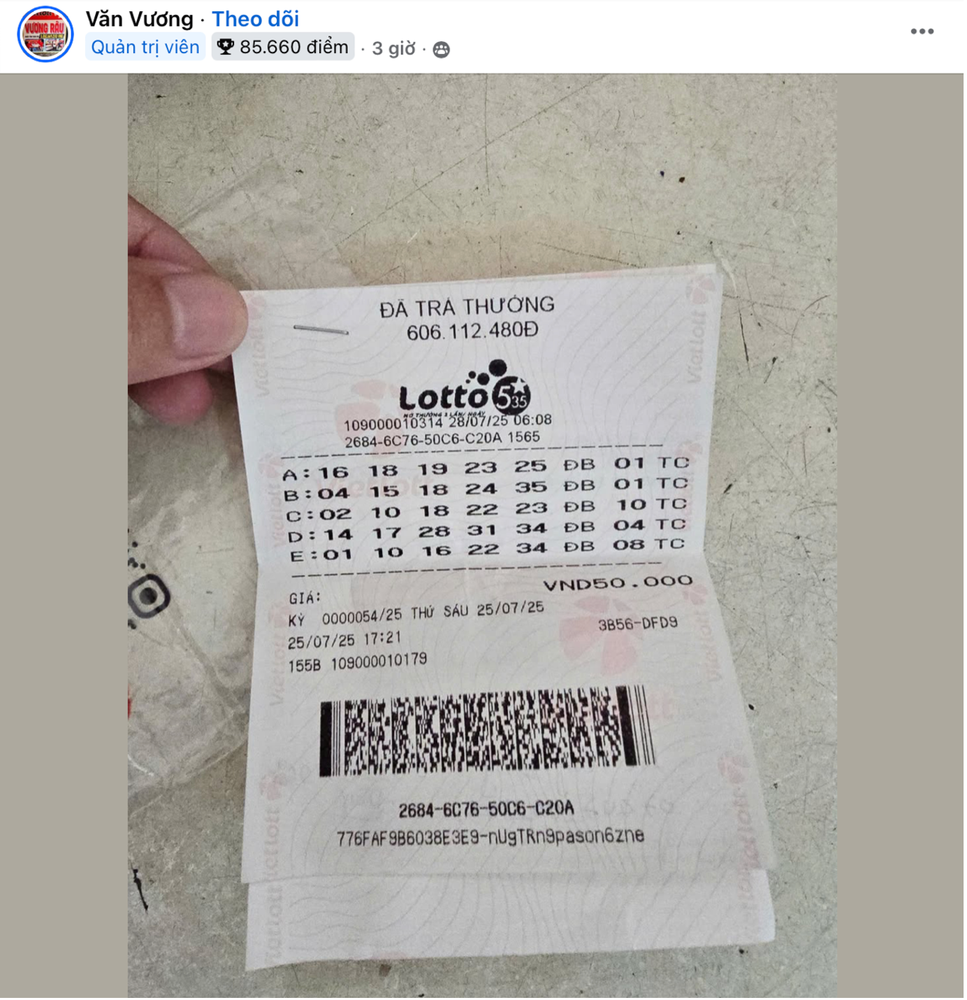  Người chơi hào hứng chia sẻ tấm vé trúng thưởng trong kỳ chia giải Lotto 5/35 trên mạng xã hội