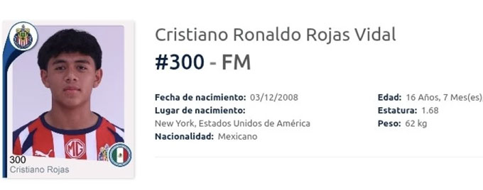   Cristiano Ronaldo Rojas Vidal được đăng ký thi đấu