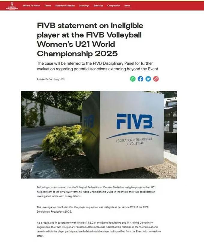Thông báo của FIVB về 1 VĐV của U21 bóng chuyền nữ Việt Nam không đủ điều kiện tham dự giải bóng chuyền nữ U21 thế giới 2025