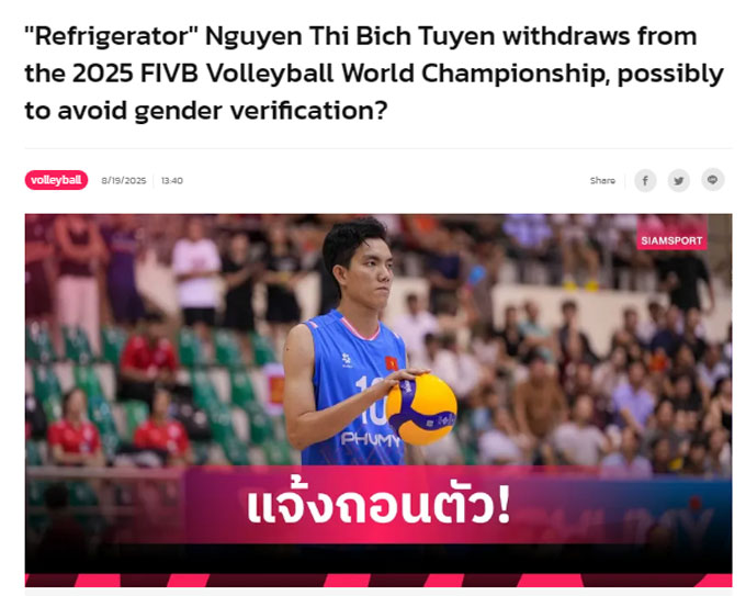 Trang SiamSport của Thái Lan nghi ngờ Bích Tuyền rút lui để né kiểm tra giới tính