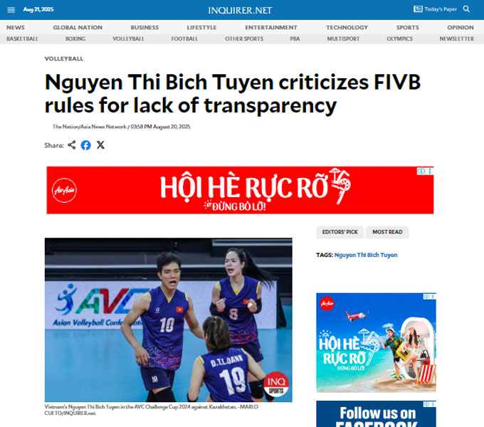 Tờ Inquirer của Philippines cũng đưa tin về VĐV của Việt Nam