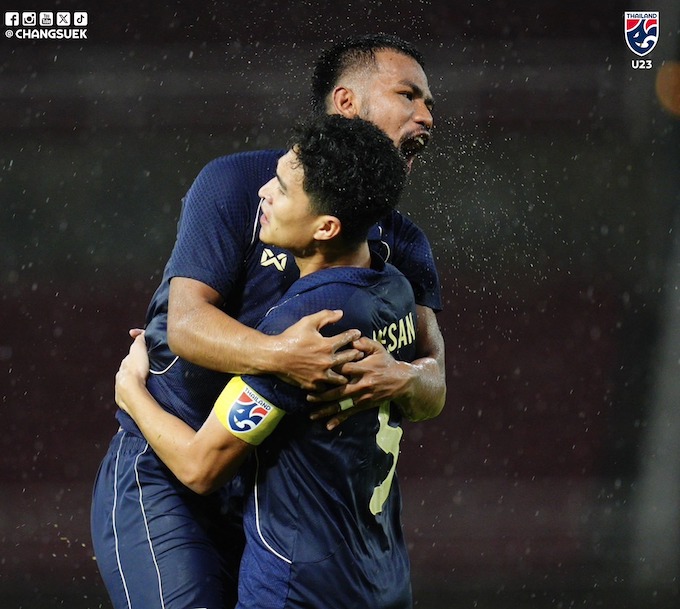 Niềm vui của U23 Thái Lan ghi có bàn gỡ hoà. Ảnh: FAT 