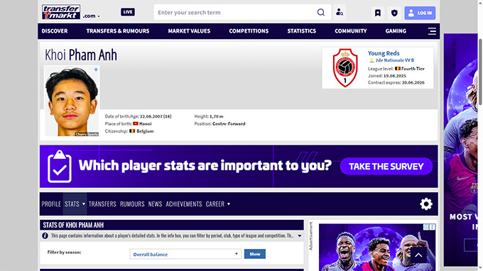 Hồ sơ của Khôi trên Transfermarkt