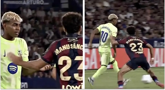 Hậu vệ trái Manu Sanchez của Levante từng "bỏ túi" Lamine Yamal.