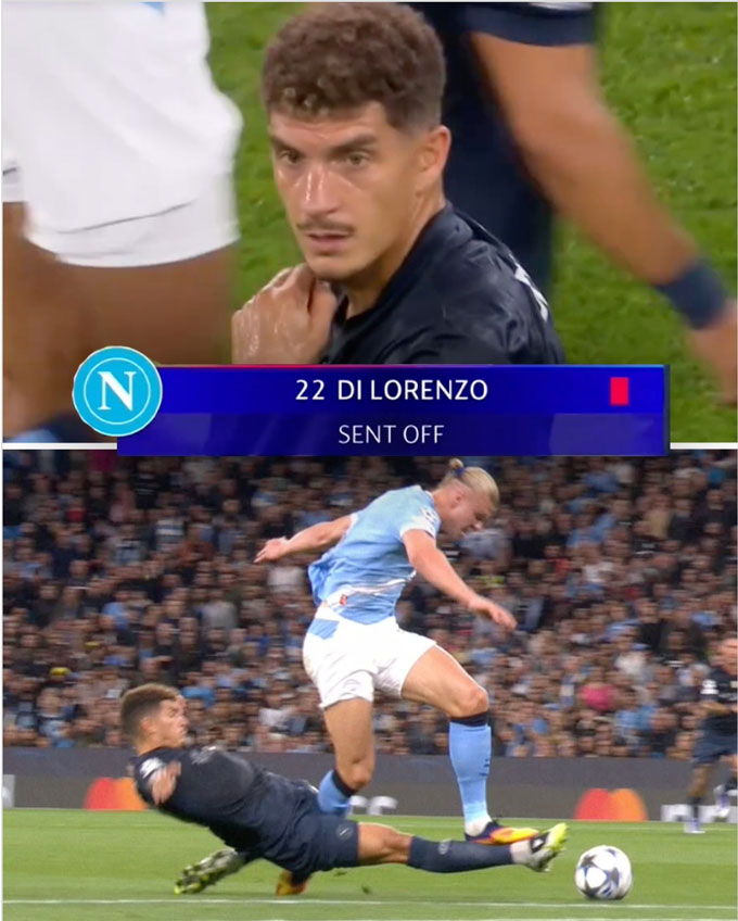 Nhưng thẻ đỏ của Di Lorenzo đã khiến De Bruyne phải rời sân ngay từ phút 26