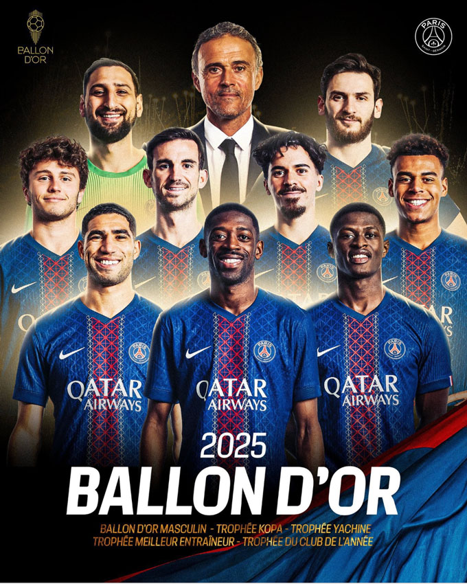 Rất nhiều ngôi sao của PSG có tên trong danh sách đề cử nhưng có thể chỉ có Dembele, Doue và Joao Neves tới dự Gala trao giải Quả Bóng Vàng 2025