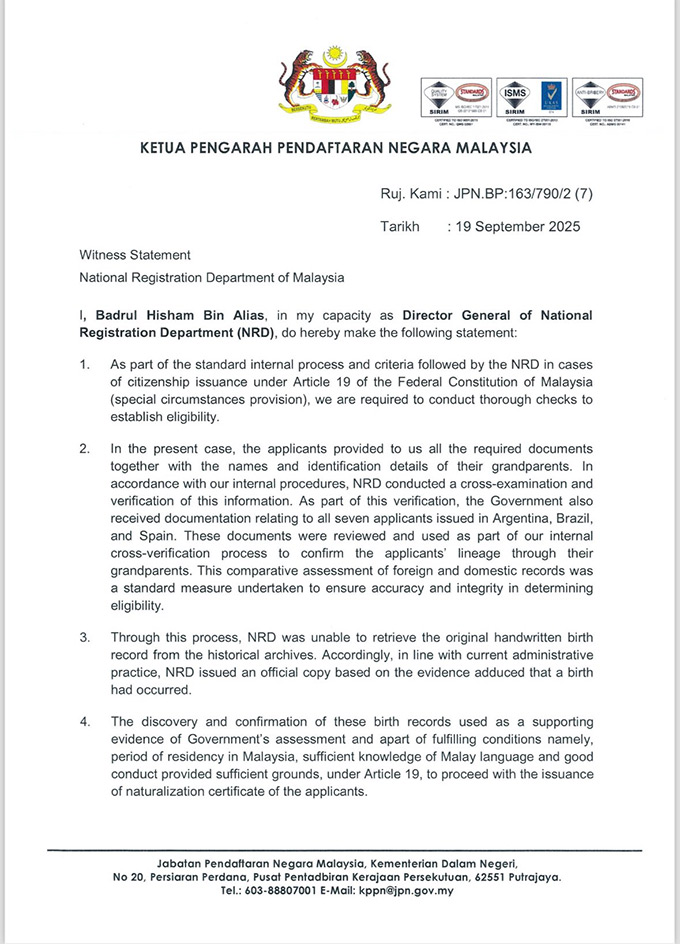 Thư xác nhận từ Cục Đăng ký Quốc gia Malaysia ngày 19/9/2025