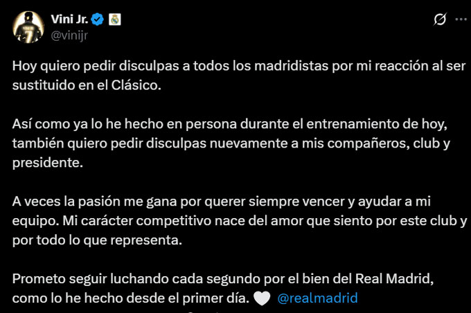 Vinicius đăng bài xin lỗi NHM Real