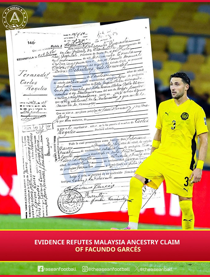 Capital de Noticias công bố bản sao giấy khai sinh gốc của Facundo Garces là người Argentina không có gì liên quan đến Malaysia