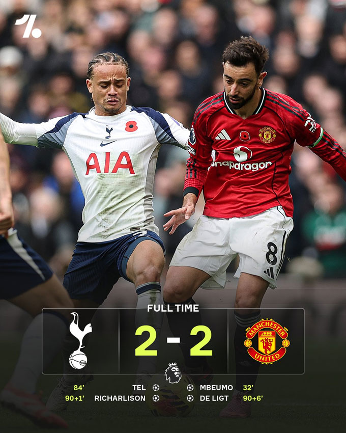 MU dẫn trước tới phút 84 rồi bị dẫn lại và phải chật vật mới có trận hoà 2-2