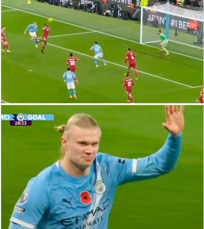 Haaland ghi bàn bằng đầu ở trận thắng Liverpool