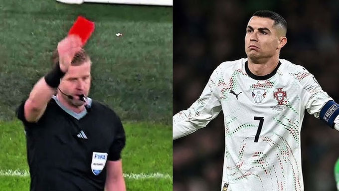 Ronaldo nhận thẻ đỏ ở trận gặp Ireland, không thể tham dự trận cuối gặp Armenia và có nguy cơ lỡ trận đầu ở VCK World Cup 2026