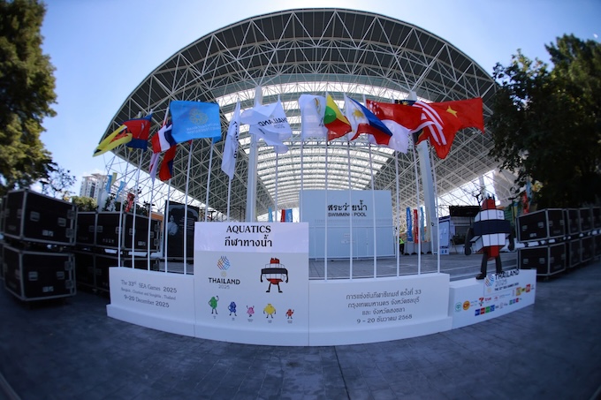 Mặt trước Cung thể thao dưới nước dùng để tổ chức các môn thể thao dưới nước của SEA Games 33. Ảnh: Đông Huyền