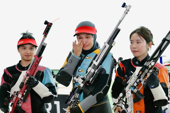 3 tuyển thủ giành huy chương ở 10m súng trường hơi nữ. Ảnh: Anh Khoa