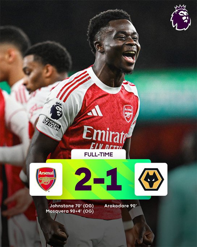 Arsenal củng cố vị trí đầu bảng với thắng lợi trước Wolves