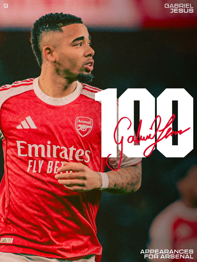 Jesus cán mốc 100 trận khoác áo Arsenal