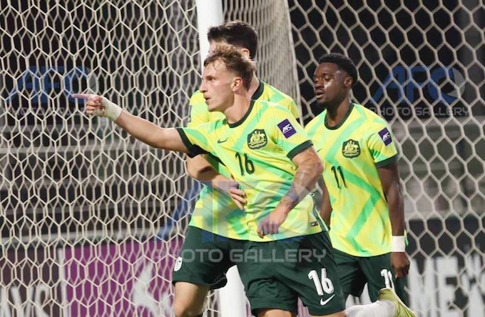 Niềm vui của cầu thủ U23 Australia khi có bàn gỡ hoà. Ảnh: AFC