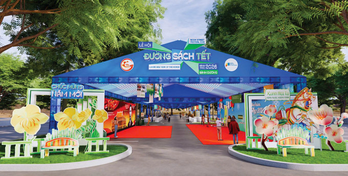 Phối cảnh cổng vào khu vực Đường sách Tết Bính Ngọ 2026 tại phường Bình Dương