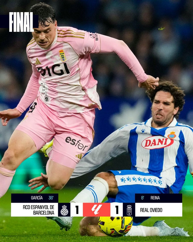 Espanyol và Oviedo cầm hòa nhau với tỷ số 1-1