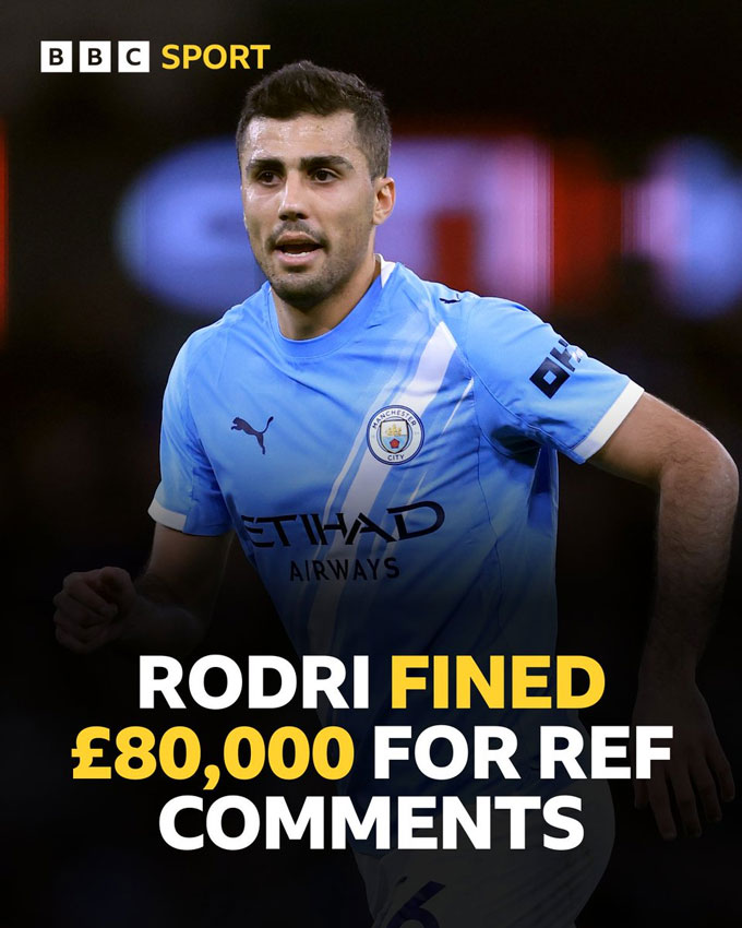 Rodri sẽ bị phạt 80.000 bảng nhưng may mắn không bị treo giò
