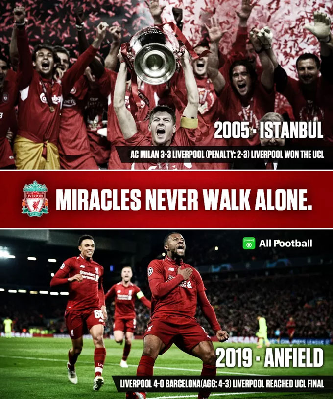 Liverpool từng có nhiều màn ngược dòng ngoạn mục tại Champions League như trước Milan năm 2005 hay Barca năm 2019
