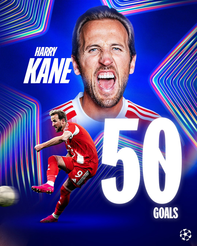 Kane là cầu thủ người Anh đầu tiên chạm mốc 50 bàn tại Champions League. Ảnh: Twitter