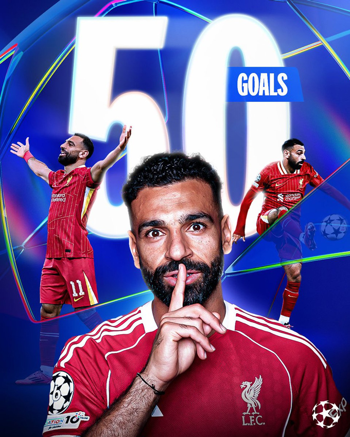 Salah trở thành cầu thủ châu Phi đầu tiên cán mốc 50 bàn tại Champions League. Ảnh: Twitter