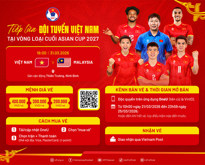 Thông tin bán vé trận Việt Nam vs Malaysia vào 19h00 ngày 31/3 tới 