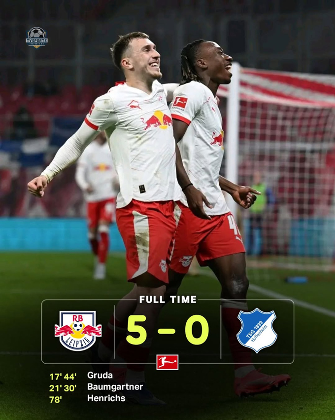 RB Leipzig đánh bại Hoffenheim 5-0. Ảnh: Twitter
