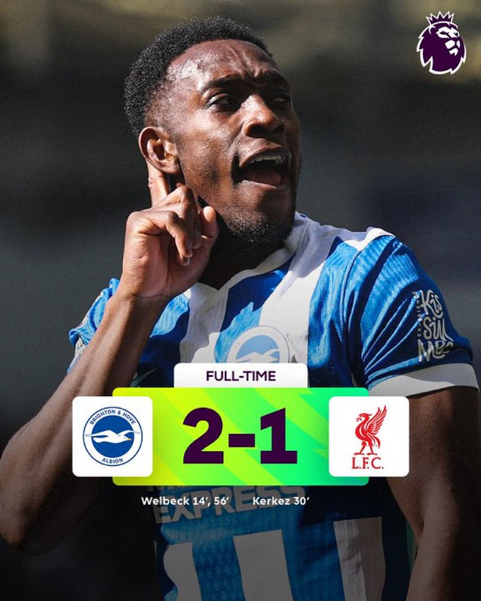 Welbeck lập cú đúp giúp Brighton đánh bại Liverpool