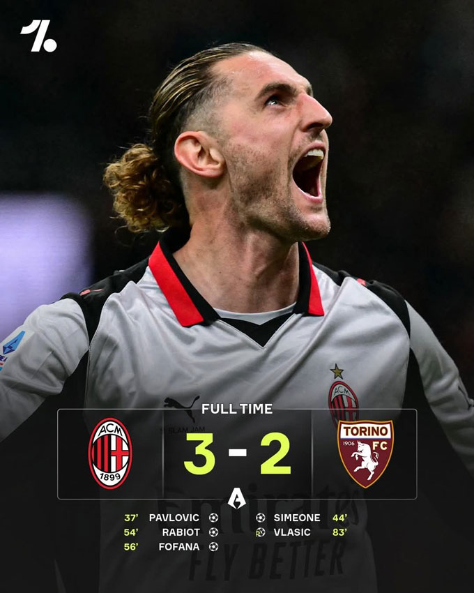 Milan nhọc nhằn đánh bại Torino. Ảnh: Twitter