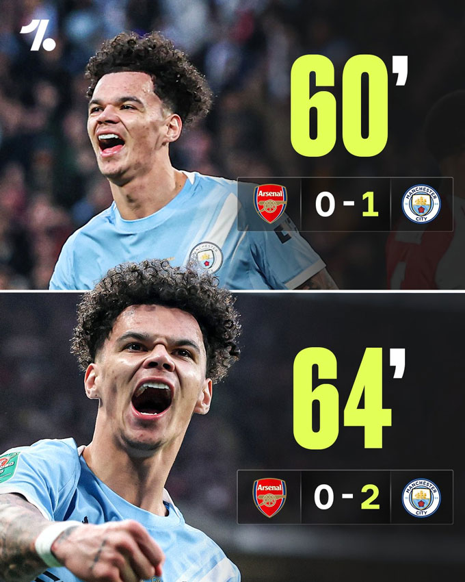 O'Reilly lập cú đúp giúp Man City đánh bại Arsenal ở chung kết Cúp Liên đoàn. Ảnh: Twitter